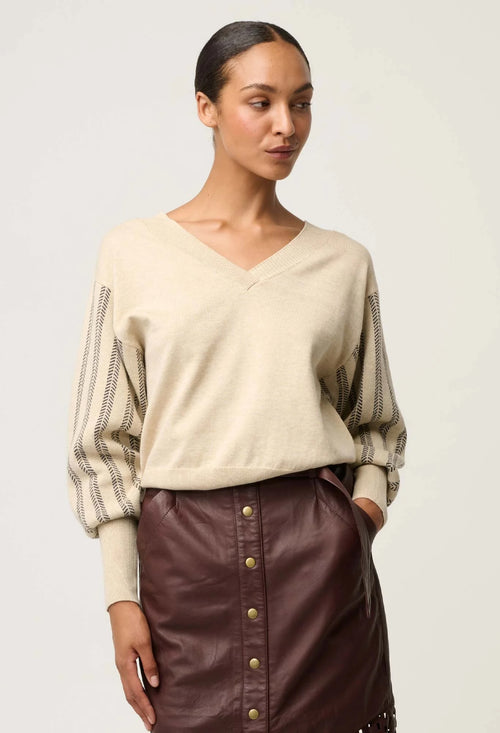 Elsie Cotton Cashmere Blend V Neck Jacquard Knit