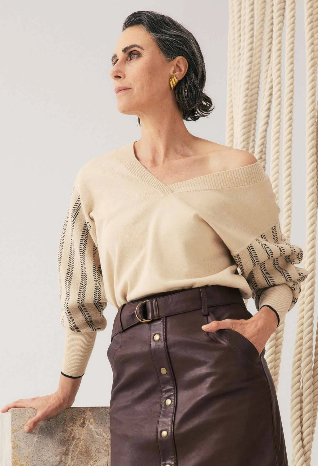 Elsie Cotton Cashmere Blend V Neck Jacquard Knit
