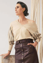 Elsie Cotton Cashmere Blend V Neck Jacquard Knit