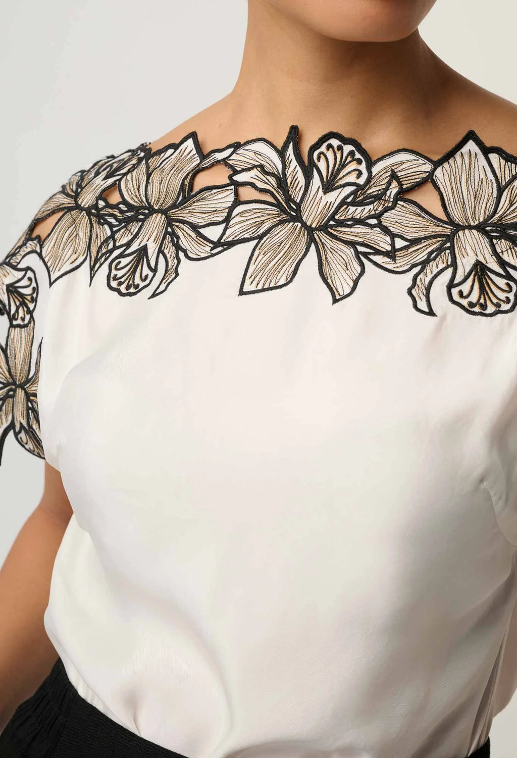 ELEANOR CUPRO BLEND EMBROIDERY DETAIL WIDE NECK TOP IN IVORY