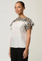 ELEANOR CUPRO BLEND EMBROIDERY DETAIL WIDE NECK TOP IN IVORY