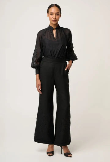 RHEA LINEN VISCOSE EMBROIDERED PANT IN BLACK
