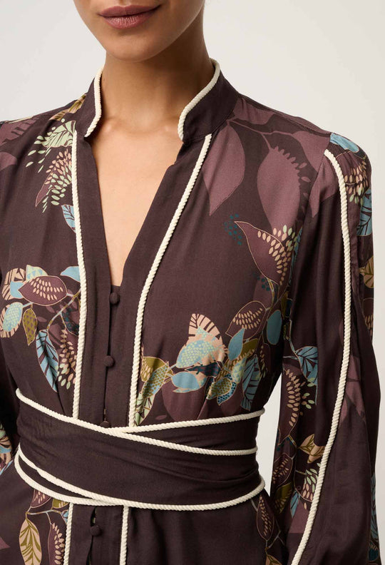 Camille Viscose Faile Curved Hem Dress in Ember Vines