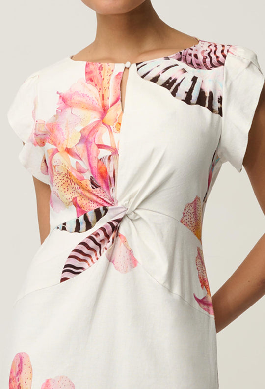 Geneva Stretch Linen Viscose Twist Column Dress in Nautilus Bloom