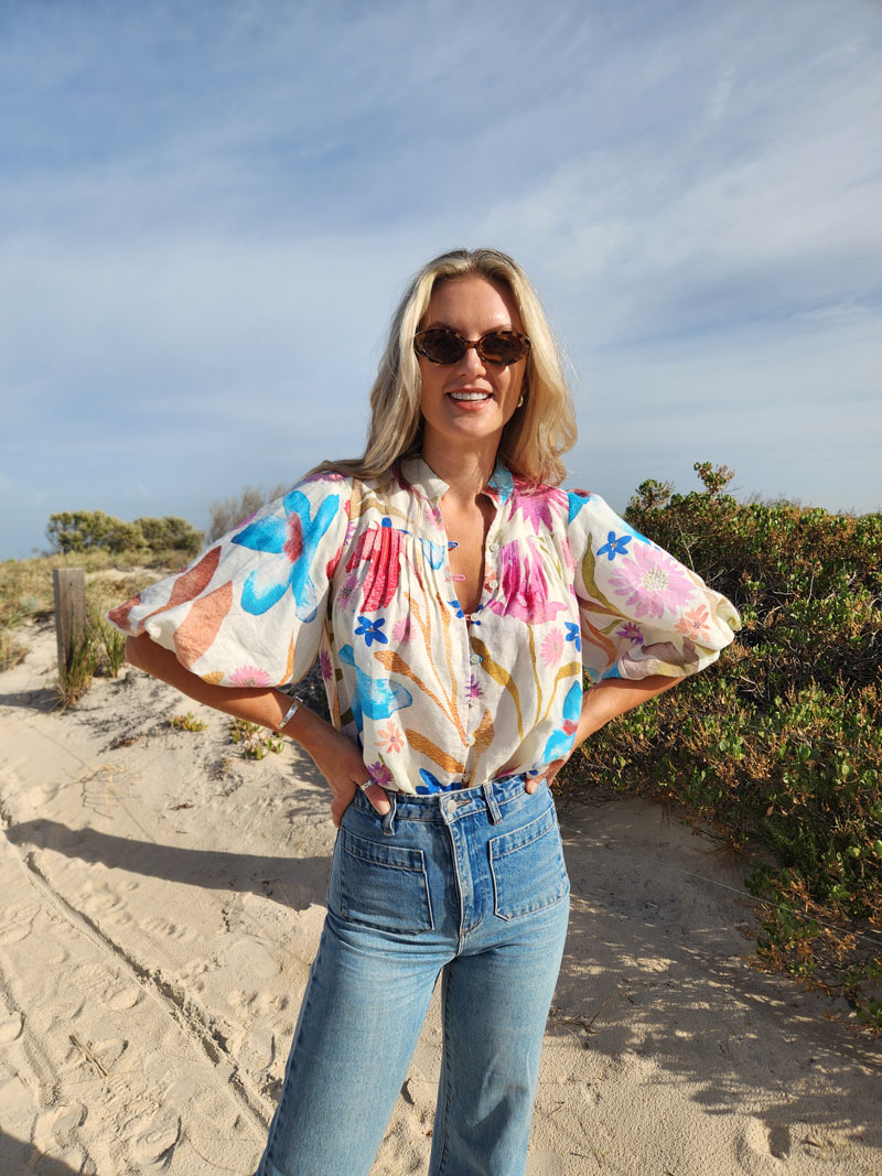 Gia Linen puff sleeve shirt – Lemon Bouquet
