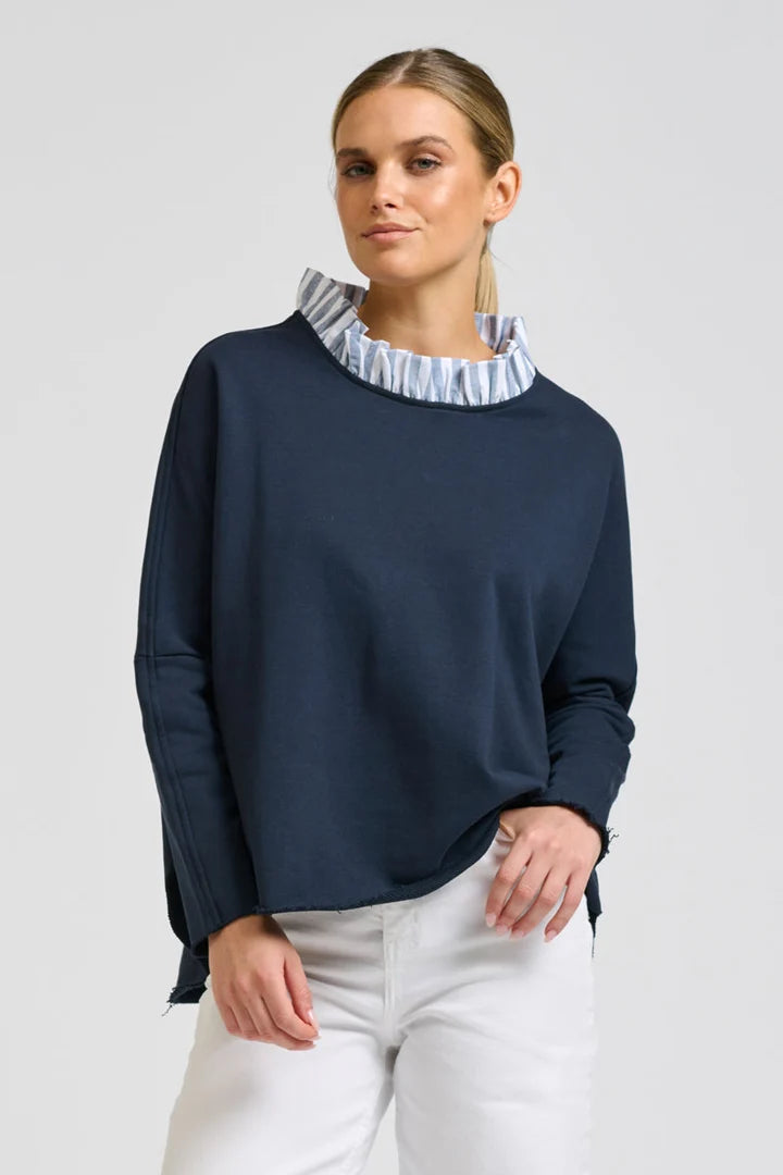 Raw Frill Collar Sweatshirt - Navy / Stripe Collar