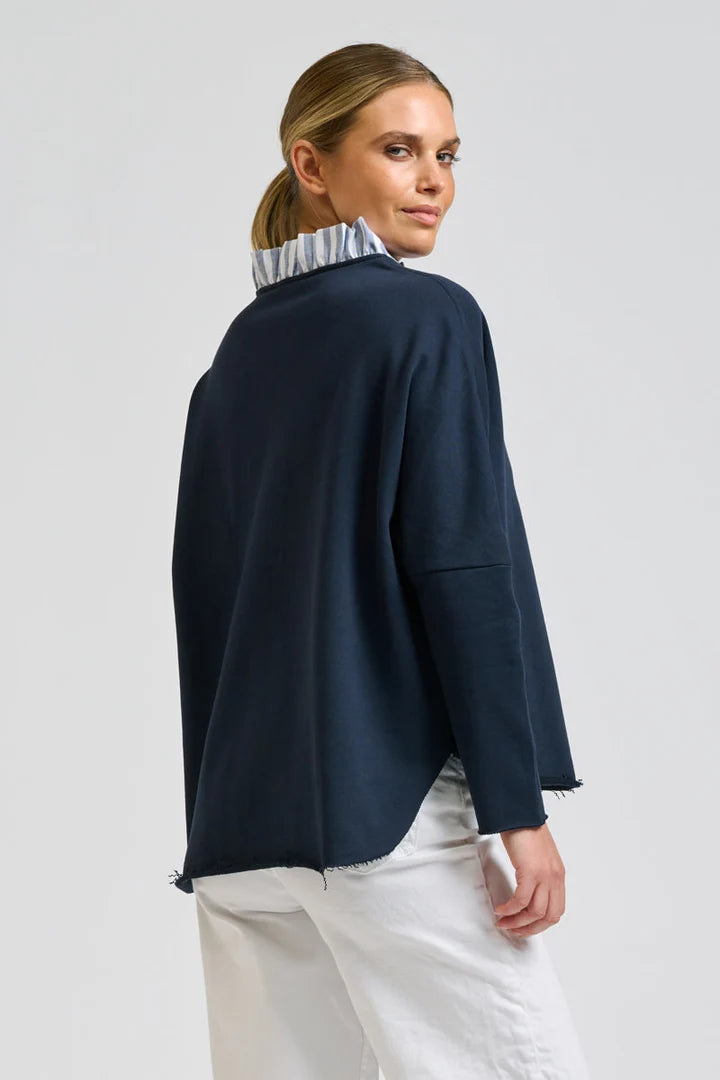 Raw Frill Collar Sweatshirt - Navy / Stripe Collar