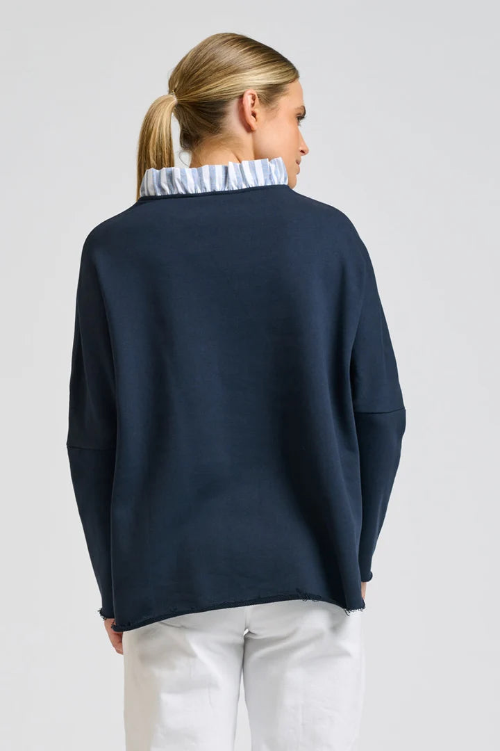 Raw Frill Collar Sweatshirt - Navy / Stripe Collar
