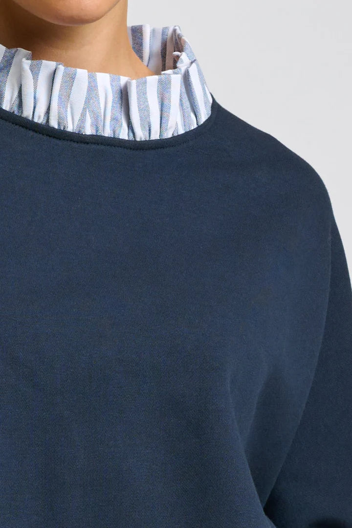 Raw Frill Collar Sweatshirt - Navy / Stripe Collar