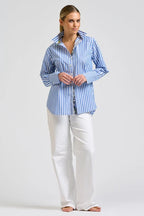 Elodie Trim Silk Shirt - Mid Blue Stripe