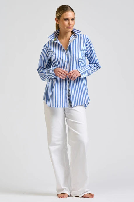 Elodie Trim Silk Shirt - Mid Blue Stripe
