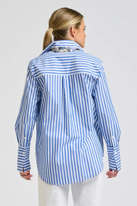 Elodie Trim Silk Shirt - Mid Blue Stripe