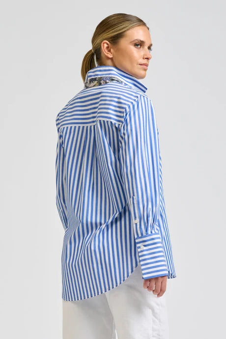 Elodie Trim Silk Shirt - Mid Blue Stripe